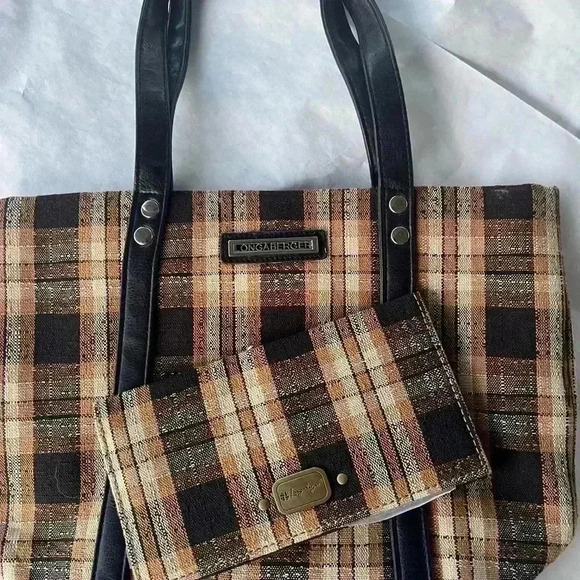 Vintage Longaberger Homestead Brown and Black Plaid Tote with matching wallet - Picture 2 of 7